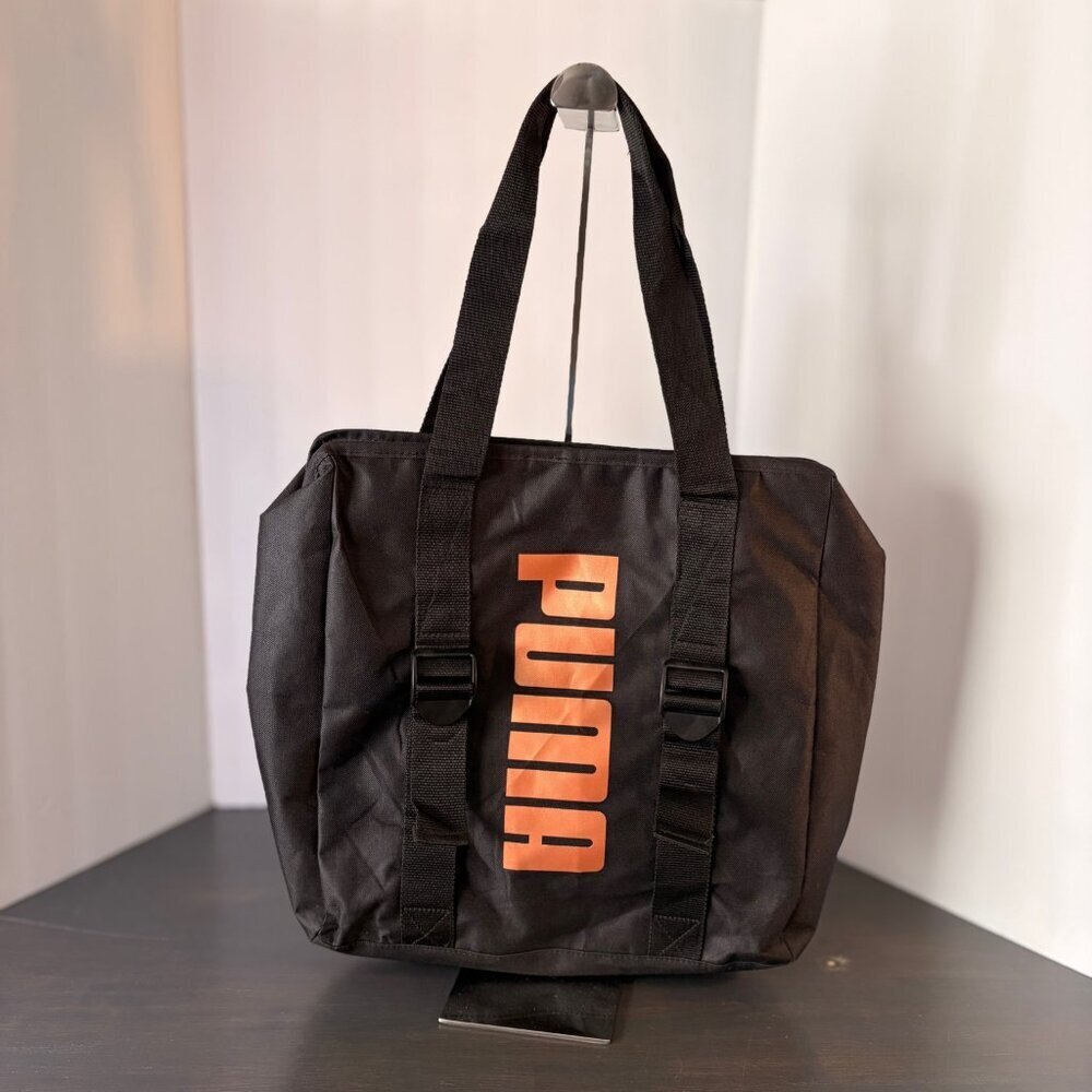 PUMA Black Zip-Top Logo Tote Bag – Adjustable Straps – Like New
